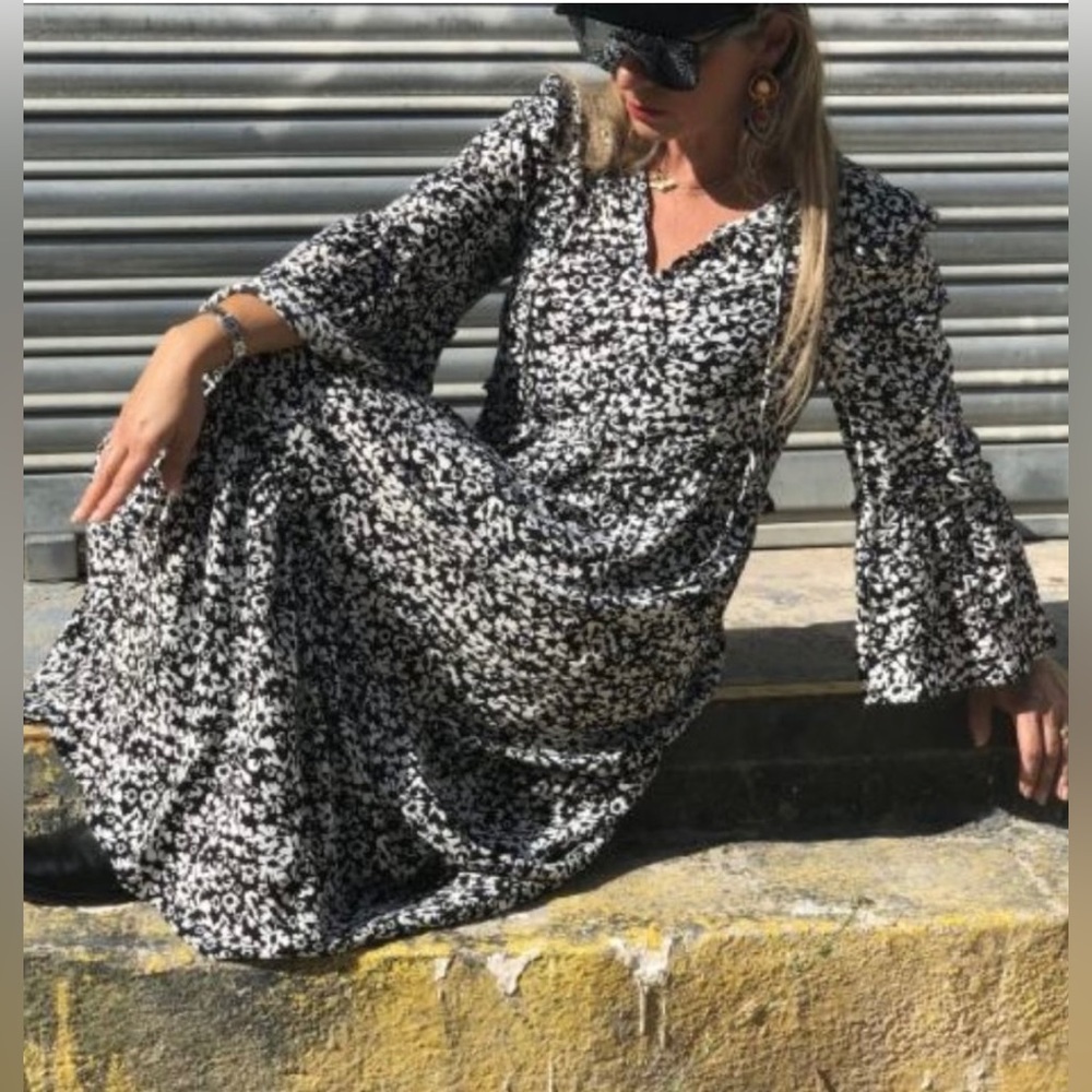 Zara Boho Floral Tiered Midi Dress 3/4 Bell Sleeves Split Neck w Ties ZB5 ✨